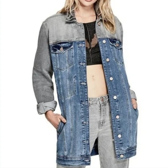 GUESS | Jessie two-tone denim long button up jean trucker jacket - Picture 10 of 10